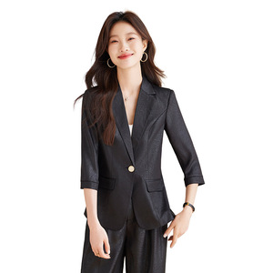 Women's Light Blue Summer Suit Set Three Quarter Sleeve Crepe Fabric Breathable Elegant Style For Office Wear - Product Image 5