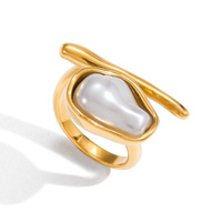 Bague ouverte minimaliste en acier inoxydable plaqué or 18 carats avec perle baroque Alien, bijoux de mode inaltérables pour femme, cadeau