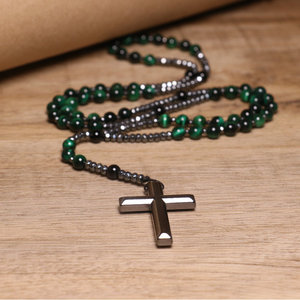 Natürlicher Tigerauge-Stein Katholischer Christus-Rosenkranz Halskette Meditations-Malachit-Schmuck Hämatit-Kreuz-Anhänger für Frauen und Männer - Product Image 2