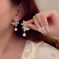 Anting Kupu-kupu Romantis Wanita Korea, Anting Mutiara Enamel, Perhiasan Telinga, Anting Temperamen Retro Gaya Kerajaan