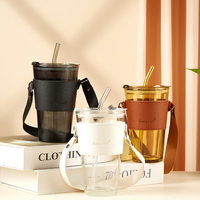 Gobelets de voyage de luxe 450ml tasses populaires réutilisables portables transportent café thé Cola tasse en verre avec couvercle en cuir couvercles de paille