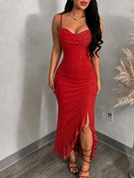 Robe de soirée longue personnalisée pour femme, à paillettes, froncée, col drapé, volants et fente, usine OEM ODM