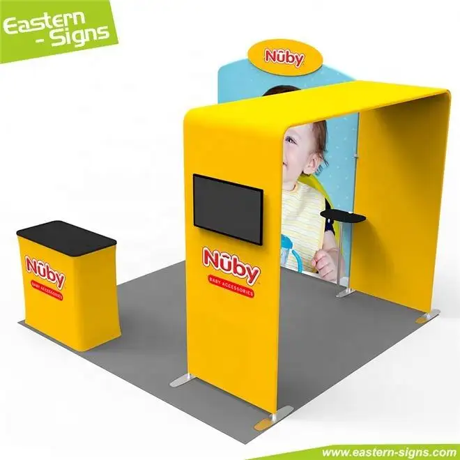 Cabine de exposição 3*3 de reparo simples com cabine de alumínio para feiras comerciais em tecido de tensão de tamanho personalizado com faixa de rolo