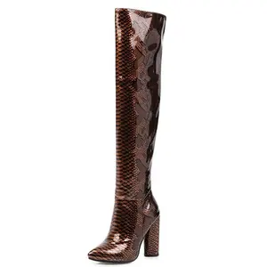 Big Size 46 Women's OverKnee High Boots High Chunky Heel Boots For Lady Winter Long Shiny Snakeskin PU Thigh High Boots