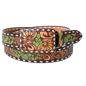 Cinturón de piel de vaca marrón occidental hecho a mano con estampado floral Aleación de zinc de piel de vaca genuina directa de proveedores indios - Product Image 3