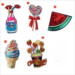 Factory Sale Kawaii Big Size Embroidery Iron on Watermelon Ice Cream <b>Drinks</b> Lollipop Sequin Patch for Tshirt Hoodies - Product Image 1