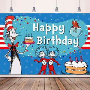 Décorations de fête d'anniversaire <span class=keywords><strong>Dr</strong></span> Seu, bannière de <span class=keywords><strong>fond</strong></span> bleue Joyeux Anniversaire, décorations de chat, bannière de <span class=keywords><strong>fond</strong></span>, accessoires de photomaton - Product Image 1