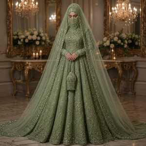 ชุดแต่งงานมุสลิมปักลายสีเขียวประดับด้วยลูกปัด แขนยาว ยาวถึงพื้น ชุดเจ้าสาวทรงบอลกาวน์ พร้อมผ้าคลุมหน้า สำหรับงานอีด - Product Image 1