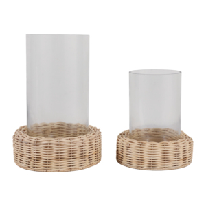 Set di portacandele in vetro a forma di lanterna con base in rattan per decorazioni per la casa, centrotavola per soggiorno - Product Image 1