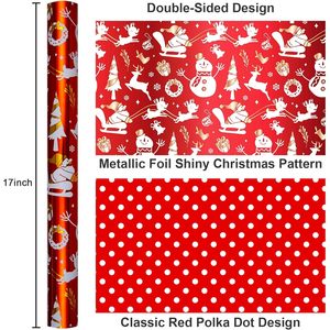 Reversible Christmas <b>Wrapping</b> <b>Paper</b> Red Santa Deer Design Metallic Foil 17 Inch X 33 Feet Eco-Friendly Packaging <b>Paper</b> - Product Image 3