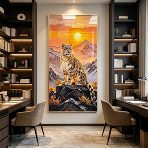 Tableau mural de luxe Léopard des neiges, scène de montagne pleine lune, animal sauvage, peinture en porcelaine cristalline LED, décoration de salon et de maison - Product Image 6