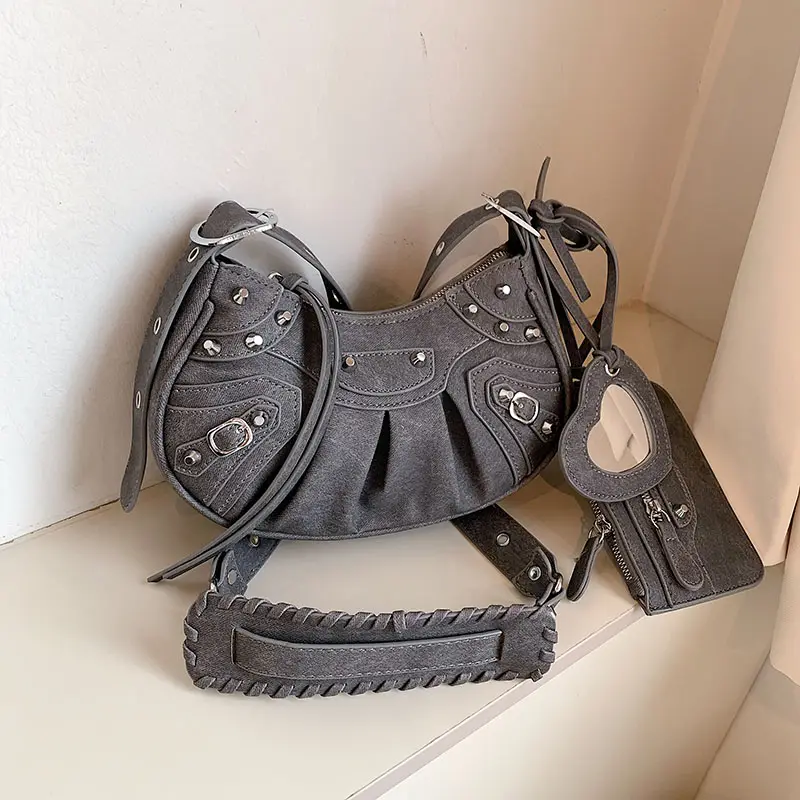 Лидер продаж, модная дизайнерская сумка с заклепками, 2023 осень, женская джинсовая сумка, модная женская сумка через плечо с зеркалом в форме сердца