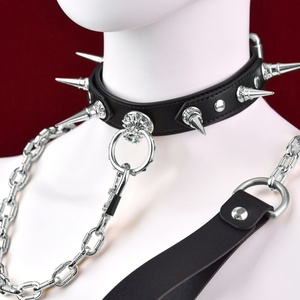 Gothic Leather BDSM <b>Collar</b> with Metal Rivets, Adjustable PU Neck Choker Optional Chain, Gold & Silver Studded <b>Bondage</b> Accessory - Product Image 5