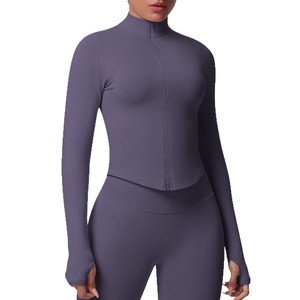Custom Stand-up Collar Knitted Zipper Long Sleeves Yoga Jacket Women's Quick Dry Yoga <strong>Clothes</strong> Running Workout Sports Jacket - Product Image 6