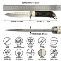 Couteau à lame fixe en damas fait main, tête d'aigle, couteau tactique de chasse, couteau de camping, couteau de poche, étui en cuir F0101