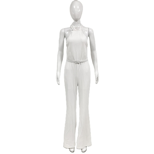 JB2264 White Jumpsuit Women Sleeveless Wide Leg Long Pants Sexy Backless Lady Halter Ribbon Jumpsuits With Belt