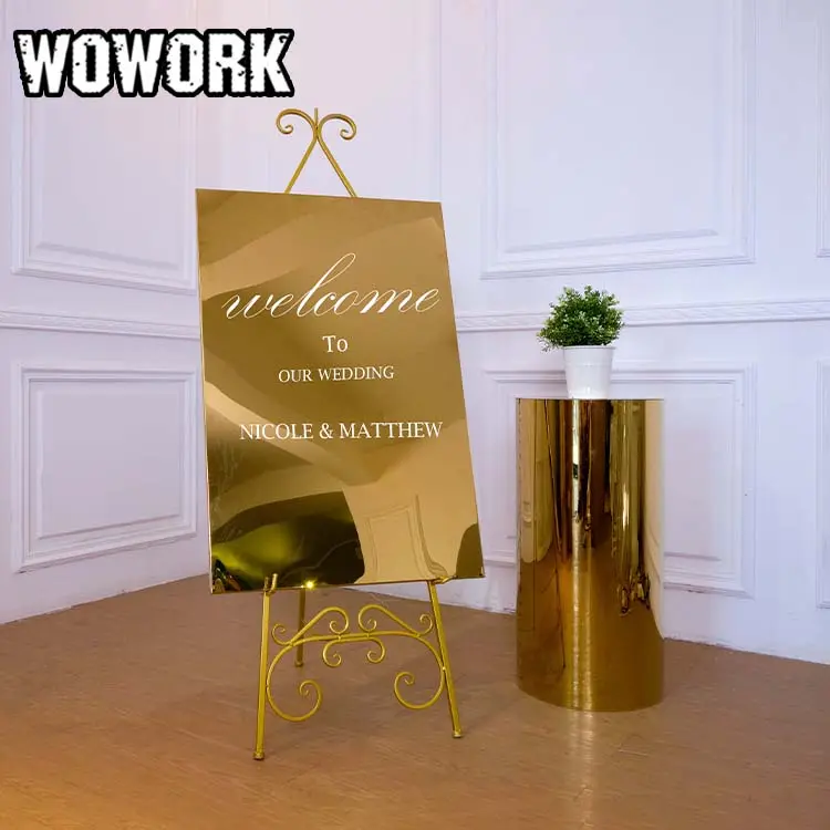 Wowork suporte de espelho de ouro, suporte acrílico de metal prateado espelhado dourado para decoração de festa de casamento