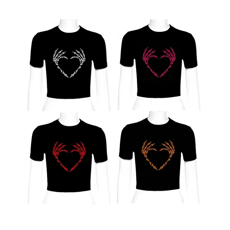 T-shirt court avec strass en forme de cœur pour femme, haut personnalisé, tee-Shirt avec divers Logo avec strass, couleur,