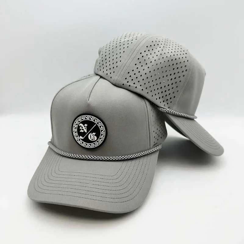 Özel kauçuk PVC yama logosu su geçirmez sörf Gorras lazer kesim delik delikli Melin 5 Panel spor beyzbol kapaklar Golf şapkaları