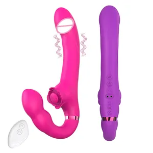 Penggetar Dildo g-spot tali tanpa tali, mainan seks Anal dewasa untuk wanita Vibrator Dildo ujung ganda realistis silikon