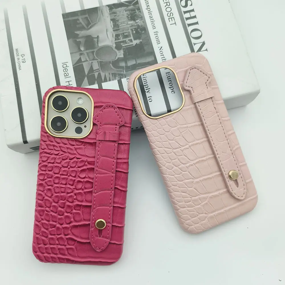 Shockproof Crocodile Pattern Leather Mobile Phone Hard Case For iphone 15 14 13 Pro Max With Band Wrist