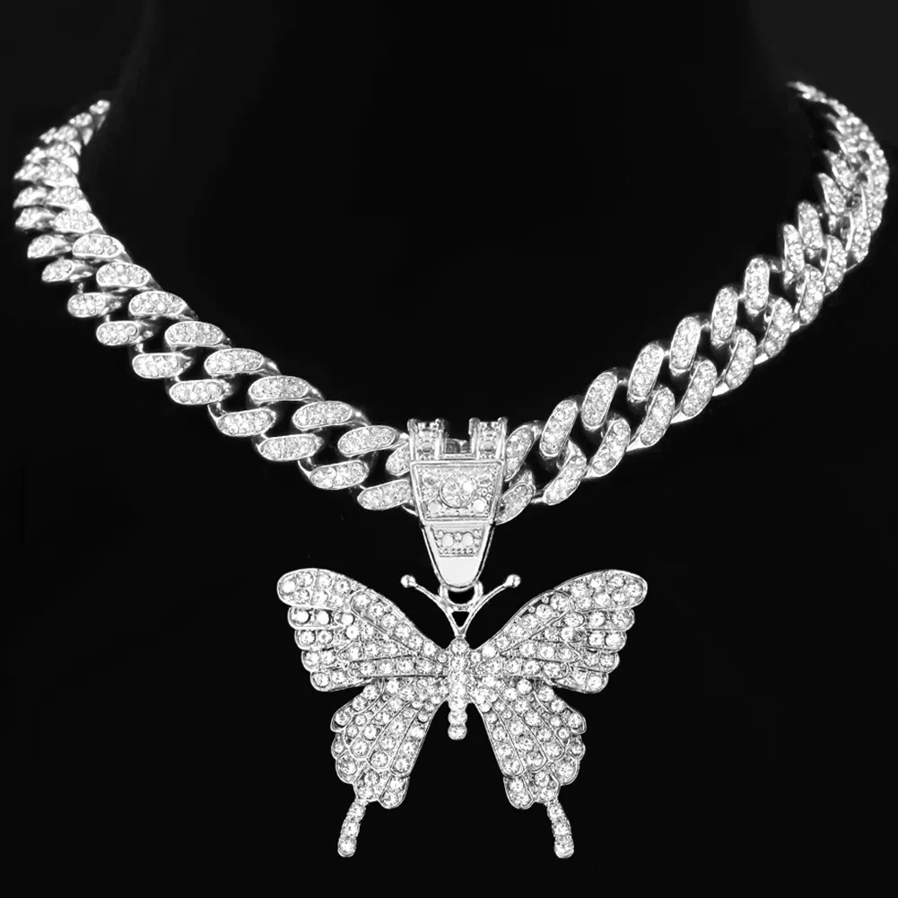 Hot Sale Crystal Butterfly Pendant Necklace Charm Gold Plated Bling Bling Hiphop Choker Iced Out Chain Rapper Pendant Jewelry