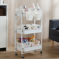 Chariot de rangement mobile à 3 niveaux en métal, pliable, multifonctionnel, pour cuisine et salle de bain, avec roulettes verrouillables