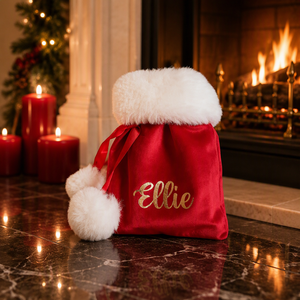 Sacca di Babbo Natale Personalizzata in Velluto Ricamato con Pompon in Pelliccia, Sacchetto Regalo Grande con Coulisse per Natale, Vendita all'Ingrosso - Product Image 3
