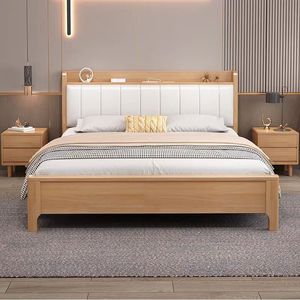 Factory Price 1.8m Double Bed with Soft Cushion <strong>White</strong> Wax Wood Nordic Solid <strong>Oak</strong> <strong>Bedroom</strong> <strong>Furniture</strong> for Weddings - Product Image 1