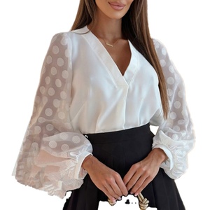 Neuankömmling Frühling V-Ausschnitt Durchsichtige Langarm-Karriere Damen blusen Elegante einfarbige Mode-Tops für Damen - Product Image 1