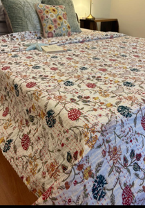 Handcrafted Cotton Kantha Quilt with Floral Block Print – Indian Handmade <b>Bedspread</b>, Traditional Coverlet for Twin & King Size B - Product Image 3