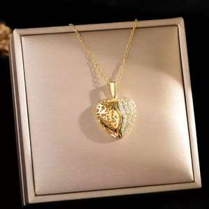 Damen Edelstahl Ketten Halskette Herz Kupfer Anhänger vergoldet Trendy Link Chain Zirkon Modische Perle - Product Image 6