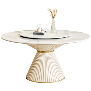 Table à manger de style crème française de luxe avec plateau en pierre frittée et base à piédestal cannelé pour mobilier de villa moderne. - Product Image 6