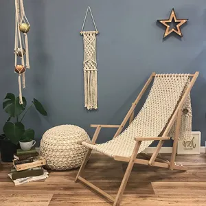 Boho Stil Makramee tragbaren Strandkorb Baumwoll seil hand gewebte Holz faltbare DIY Deck Sling Stuhl mit Quasten