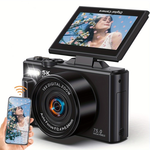 3 Inch 180° Flip Screen 5K Camera 75MP 18x Digital Zoom Autofocus Flash Support WIFI Control Compact Digital Cameras