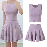 Conjunto Casual de Verano 2026 para Mujer, Top Corto sin Mangas con Cuello Redondo y Pedrería, Minifalda en Línea A, Tejido de Punto, 2 Piezas