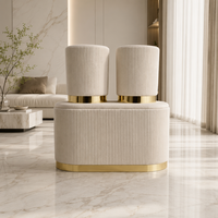 Ensemble de tabourets de vanité en velours rose de style nordique, tabouret rond décoratif plissé de luxe et banc avec bordure en métal doré pour le salon