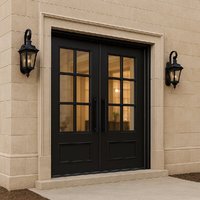 Porte de sécurité extérieure en fer forgé avec panneau en verre dépoli au design moderne et prévention incendie pour villa de luxe