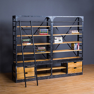 Librería Industrial, Estantería Alta de Metal con 5 Niveles y Escalera para Librería - Product Image 1