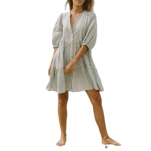 เดรสสั้นแฟชั่นผู้หญิงสไตล์โบฮีเมียน แขนตุ๊กตา คอวี พิมพ์ลาย ติดกระดุม สำหรับฤดูร้อน - Product Image 4