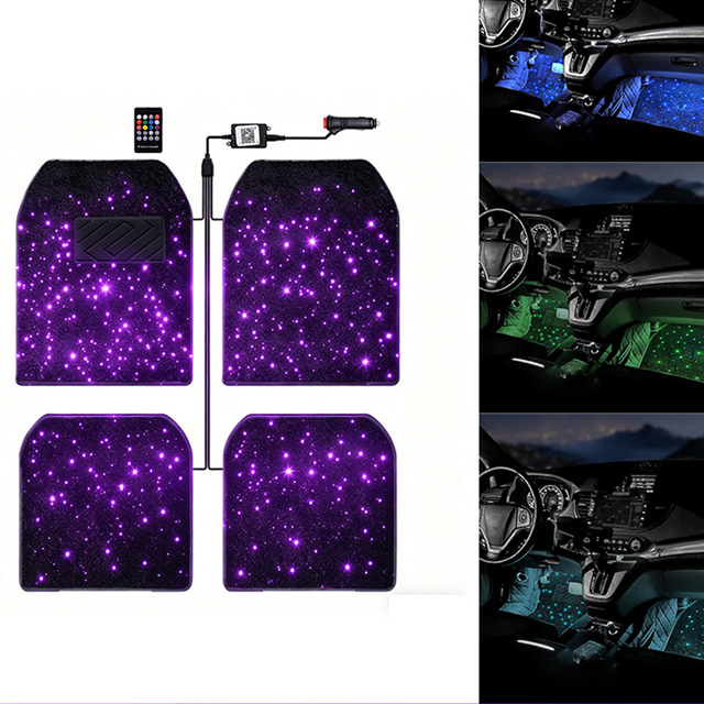 New Universal RGB Star Fiber Optic Car Floor Mat LED Ambient Light APP Remote 4PCS USB Plug&Play High Quality