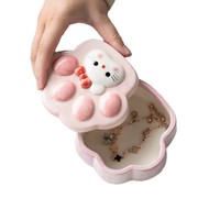 Boîte de rangement pour bijoux en forme de patte de chat de dessin animé avec couvercle, délicate décoration de bureau en céramique et cadeau