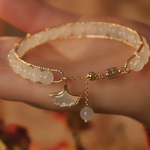 Imitation Natural White Jade Beads <b>Bracelet</b> for Women Round Ginkgo Leaf Pendant Handmade <b>Beaded</b> Crystal <b>Bracelet</b> for Women - Product Image 6