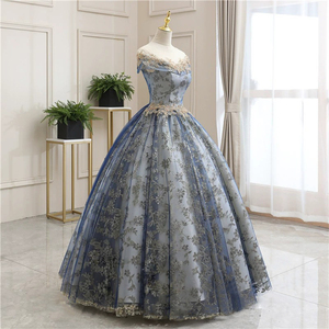 Robe de soirée bleue avec appliques en dentelle, épaules dénudées, longueur au sol, coupe trapèze, style princesse, pour fêtes et banquets - Product Image 2
