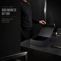 Boîte cadeau noire à rabat magnétique avec logo personnalisé, impression sur le couvercle intérieur et grille géométrique blanche pour la conception d'emballages cadeaux