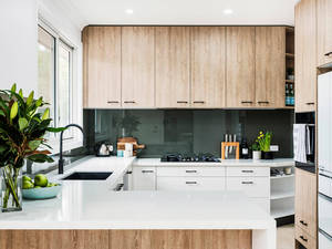 Moderno de <span class=keywords><strong>alta</strong></span> presión laminado puerta de madera brillante acabado <span class=keywords><strong>mate</strong></span> conjunto de gabinete de cocina - Product Image 2