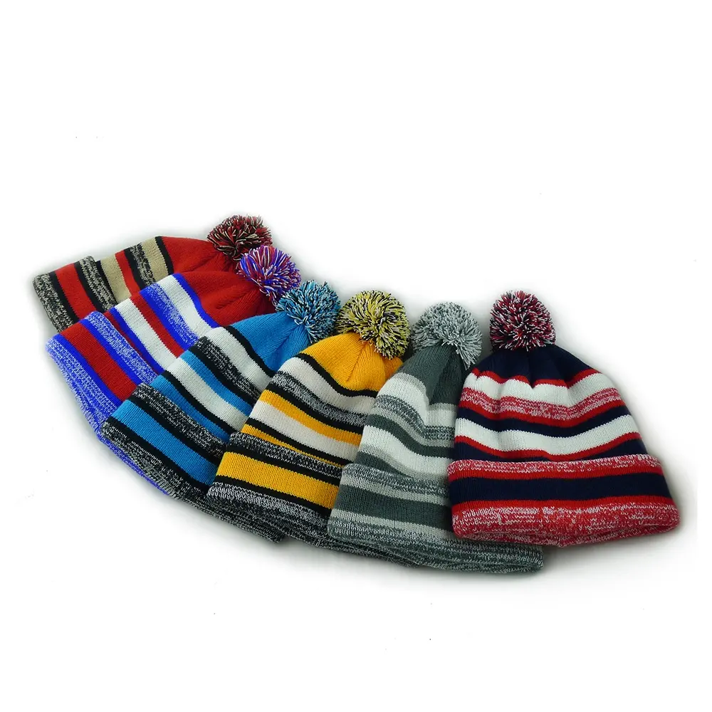 उच्च गुणवत्ता सर्दियों बुना हुआ टोपी पोम पोम के साथ कफ Beanie कस्टम टोउक Tuque तरह तरह के साथ एक्रिलिक स्की टोपी धारियों यूनिसेक्स
