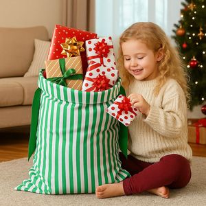 In Stock Striped <b>Christmas</b> Santa <b>Sack</b> Drawstring Gift Bag Large Xmas <b>Present</b> Storage Pouch With Velvet Bow for Gift Wrapping - Product Image 2