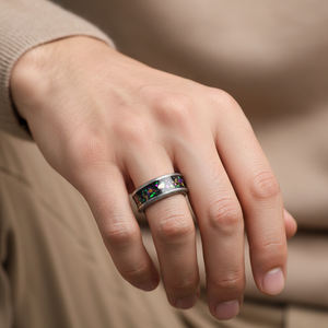 Bague en acier damas 8 mm à vente chaude, plaquée <span class=keywords><strong>noire</strong></span>, incrustation d'<span class=keywords><strong>opale</strong></span> galactique, bijoux, mariage, fiançailles, anniversaires, bague de couple, cadeau - Product Image 4