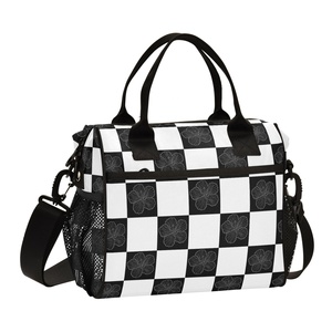 Sac isotherme à bandoulière à motif à carreaux noir et blanc Hawaï, sac de pique-nique pour le stockage des aliments, sac isotherme pour le déjeuner avec motif floral Hau - Product Image 1